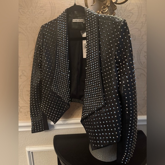 Alice and Olivia “Harvey Silver Studded Black Leather Jacket” - Picture 12 of 12